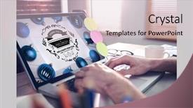  Presentation with interface - Colorful slide set enhanced with online teaching interface against cropped image of graphic designer working on laptop backdrop and a lemonade colored foreground