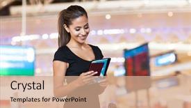  Presentation with airport - Beautiful slides featuring online travel - smiling young businesswoman at airport backdrop and a  colored foreground