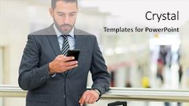  Presentation with commuter - Audience pleasing presentation theme consisting of online travel softwere - commuter looking at his mobile backdrop and a  colored foreground