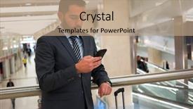  Presentation with commuter - Slides enhanced with online travel softwere - commuter looking at his mobile background and a coral colored foreground