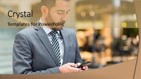  Presentation with commuter - Amazing theme having online travel softwere - commuter looking at his mobile backdrop and a coral colored foreground