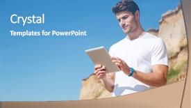  Presentation with tablet - Theme having online travel softwere - serious young man in white background and a  colored foreground