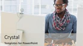  Presentation with five business people standing together and smiling - Theme with online video - smiling creative business employee having background and a soft green colored foreground