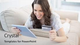  Presentation with cyber credit card crime - Amazing PPT theme having online with her credit card backdrop and a  colored foreground