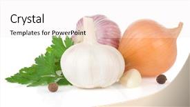  Presentation with food white - Presentation enhanced with only onion - garlics and food ingredients spice background and a  colored foreground