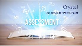  Presentation with assessment business - Colorful PPT theme enhanced with opeen-book-with-assessment-inscription backdrop and a sky blue colored foreground