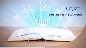 Presentation with business book - Cool new PPT layouts with opeen-book-with-audit-inscription backdrop and a sky blue colored foreground
