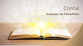  Presentation with business book - Beautiful PPT theme featuring opeen-book-with-business-inscription backdrop and a sky blue colored foreground