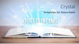  Presentation with business outsourcing - PPT layouts having opeen-book-with-outsourcing-inscription background and a sky blue colored foreground