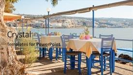  Presentation with greek - Slides with open air restaurants - empty greek cafe terrace background and a coral colored foreground