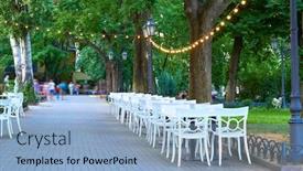  Presentation with city people walking - Presentation theme featuring open-air-street-cafe-outdoor background and a light blue colored foreground