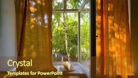  Presentation with green curtain - Colorful PPT theme enhanced with open and view to green backdrop and a tawny brown colored foreground