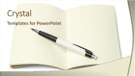  Presentation with sew - Slide set with open blank thread sew book and ballpoint pen on white background background and a cream colored foreground