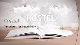  Presentation with open book - Colorful slide deck enhanced with open-book-with-hostel-inscription backdrop and a white colored foreground