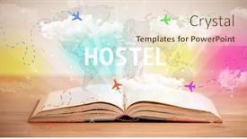  Presentation with open book - Colorful presentation theme enhanced with open-book-with-hostel-inscription backdrop and a cream colored foreground