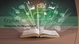  Presentation with profit - PPT theme having open-book-with-profit-icons background and a ocean colored foreground