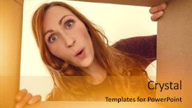  Presentation with christmas hamper gift traditional - Theme having open box - woman looking surprised background and a gold colored foreground