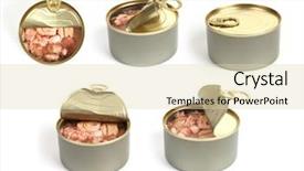  Presentation with tuna - PPT theme consisting of open can of tuna meat on a white background background and a soft green colored foreground