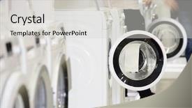  Presentation with machines - Colorful presentation theme enhanced with open clean modern white industrial - washing machines dryer and other backdrop and a light gray colored foreground