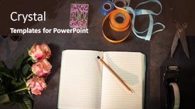  Presentation with diary - PPT theme having open diary and florist accessories on the table at flower shop background and a tawny brown colored foreground