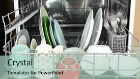  Presentation with cartoon shower and clean - Theme featuring open dishwasher with clean utensils background and a mint green colored foreground