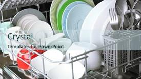  Presentation with utensils - Theme with open dishwasher with clean utensils background and a sky blue colored foreground