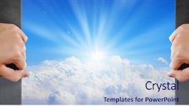  Presentation with moving - Cool new presentation design with open doors windows - close up of hand moving backdrop and a sky blue colored foreground