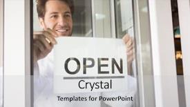  Presentation with bakery baking ingredients - Amazing slide deck having open doors windows - smiling chef putting up backdrop and a light gray colored foreground