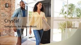  Presentation with race - Beautiful PPT layouts featuring open doors windows - young mixed race couple arriving backdrop and a coral colored foreground