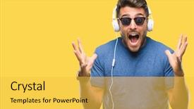 Presentation with music headphones - PPT theme featuring open eyes screaming excited winner background and a yellow colored foreground