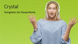  Presentation with listening woman - Beautiful slides featuring open eyes screaming excited winner backdrop and a  colored foreground