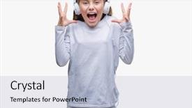  Presentation with music headphones - Presentation theme with open eyes screaming excited winner background and a  colored foreground