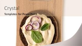  Presentation with wooden board empty table top - PPT theme enhanced with open faced hummus sandwich canape or crostini on a wooden serving board isolated on white background closeup top view vegetarian tartarine background and a coral colored foreground