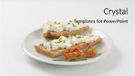  Presentation with white plate - PPT layouts with breaded food - open faced sandwich with chives background and a white colored foreground