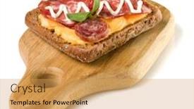  Presentation with sandwich - Presentation design consisting of open faced sausage sandwich canape or crostini on a wooden serving board isolated on white background closeup background and a yellow colored foreground