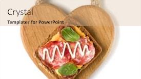  Presentation with sandwich - Amazing PPT theme having open faced sausage sandwich canape or crostini on a wooden serving board isolated on white background closeup top view backdrop and a coral colored foreground