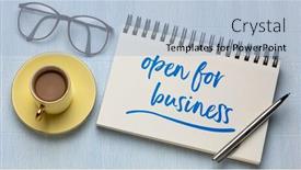  Presentation with open spiral notebook - Colorful presentation enhanced with open-for-business-handwriting backdrop and a light blue colored foreground