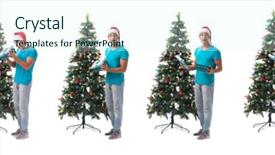  Presentation with animated christmas tree - PPT theme consisting of open gift - young man decorating christmas tree background and a cool aqua colored foreground
