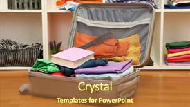  Presentation with suitcase - Colorful PPT layouts enhanced with open grey suitcase with clothing in room backdrop and a red colored foreground