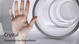  Presentation with hand touching finger digital - Slides having open hand against futuristic tunnel background and a light gray colored foreground