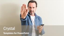  Presentation with smartphone - Cool new PPT layouts with open hand doing stop sign backdrop and a coral colored foreground