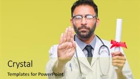  Presentation with special education young adult man - Theme enhanced with open hand doing stop sign background and a yellow colored foreground