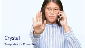  Presentation with speaking - PPT theme having open hand doing stop sign background and a sky blue colored foreground