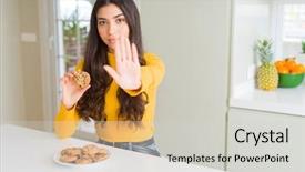 Presentation with of chocolate chips cookies - Presentation design having defensive - young woman eating chocolate chips background and a light gray colored foreground