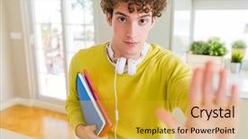  Presentation with headphones - Theme with les danger de la maison - young student man wearing headphones background and a gold colored foreground