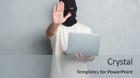  Presentation with cyber attack - Slide deck enhanced with open hand doing stop background and a light gray colored foreground