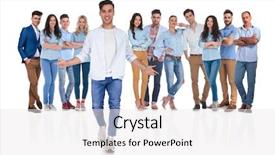  Presentation with team leader - Slides having open hands in his team background and a white colored foreground