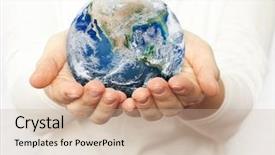  Presentation with hand holding earth - Slide set featuring open hands of woman background and a soft green colored foreground