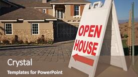  Presentation with new home - Presentation having open house sign in front background and a violet colored foreground