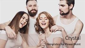  Presentation with mic - Cool new PPT theme with open mic - portrait of happy girls backdrop and a  colored foreground